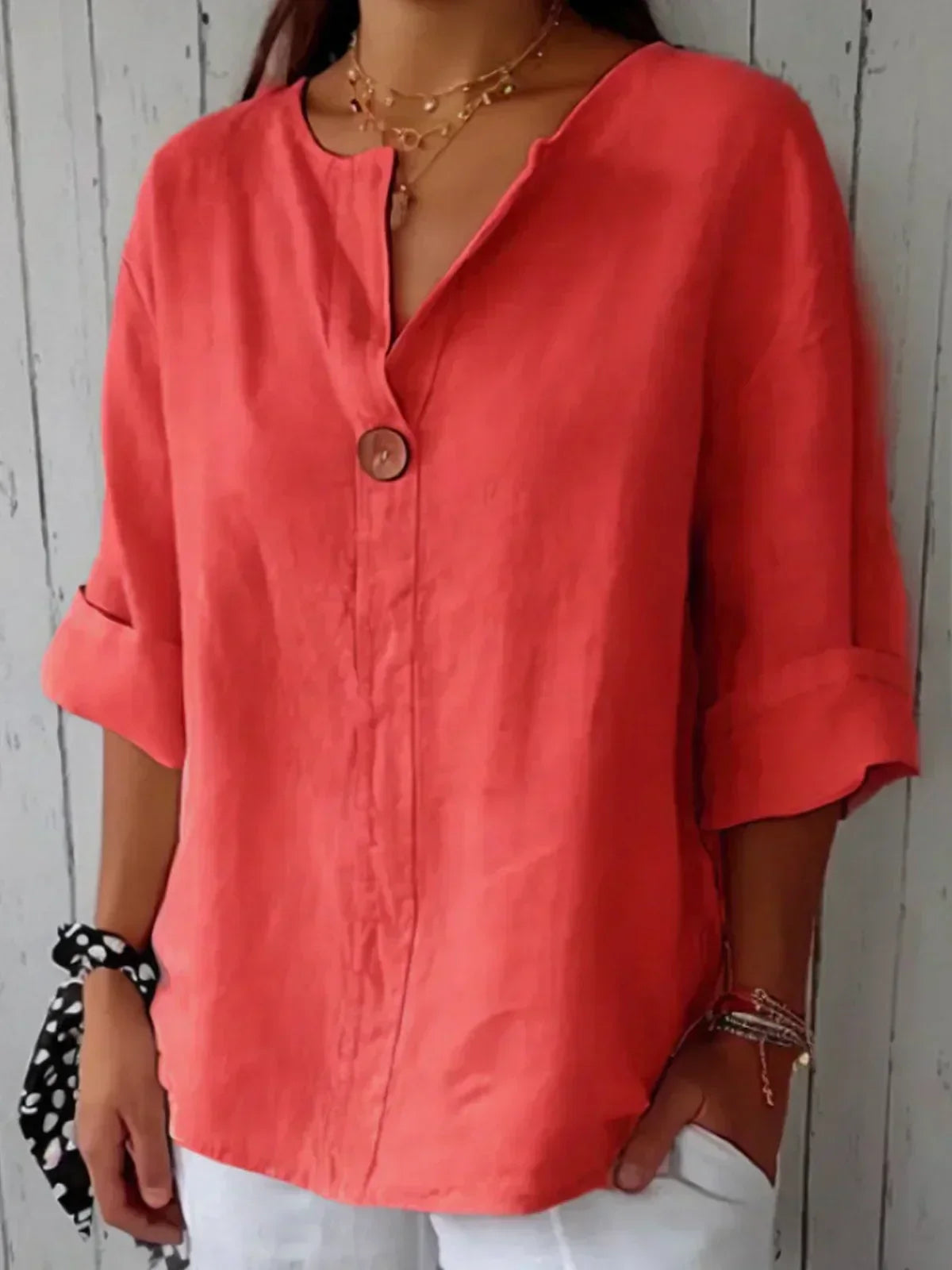 Women’s V-Neck Button Blouse Cotton Linen