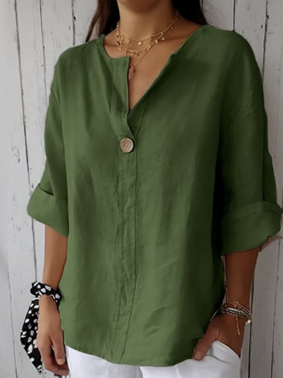 Women’s V-Neck Button Blouse Cotton Linen