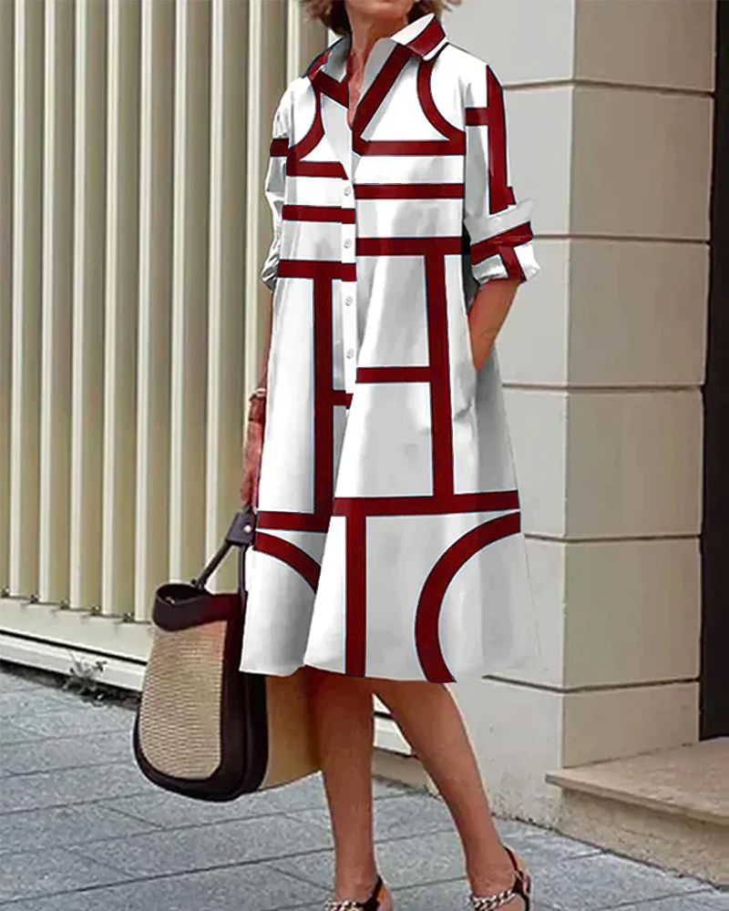 Women’s Geometric Print Dress with Pockets Red