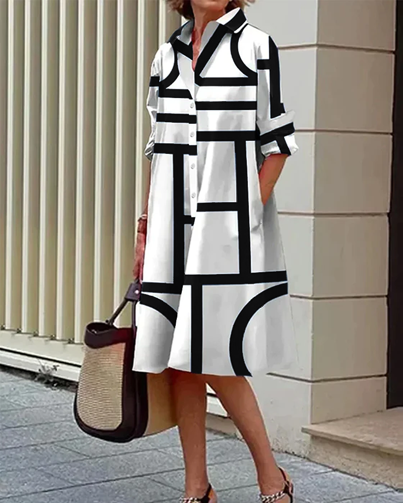 Women’s Geometric Print Dress with Pockets Black