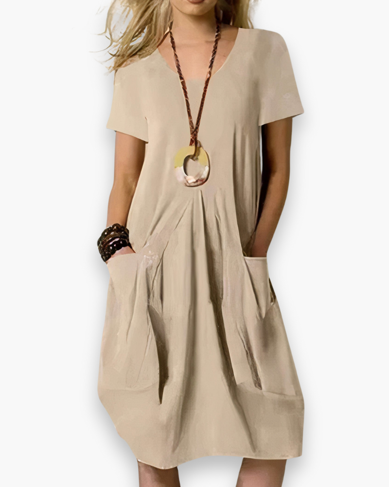 Women’s A-Line Midi Dress with Pockets Beige