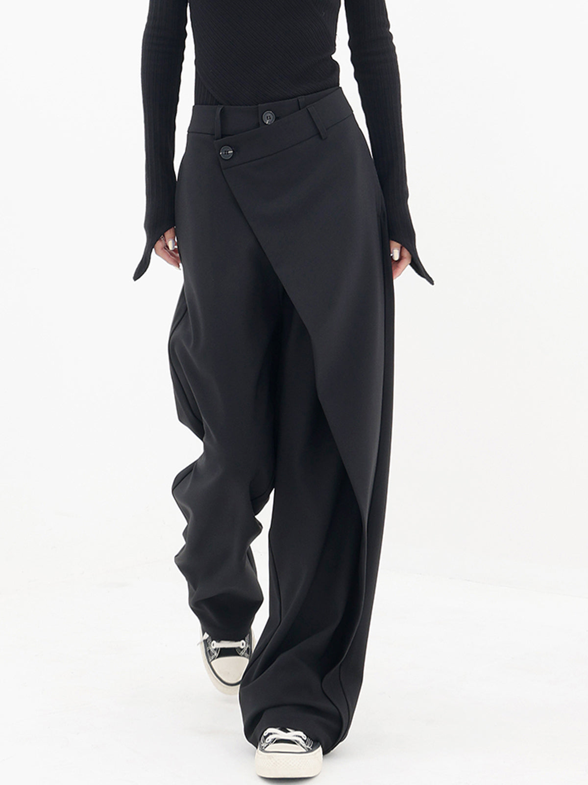 Women’s Wide Leg Trousers | Asymmetric Button Waist Black