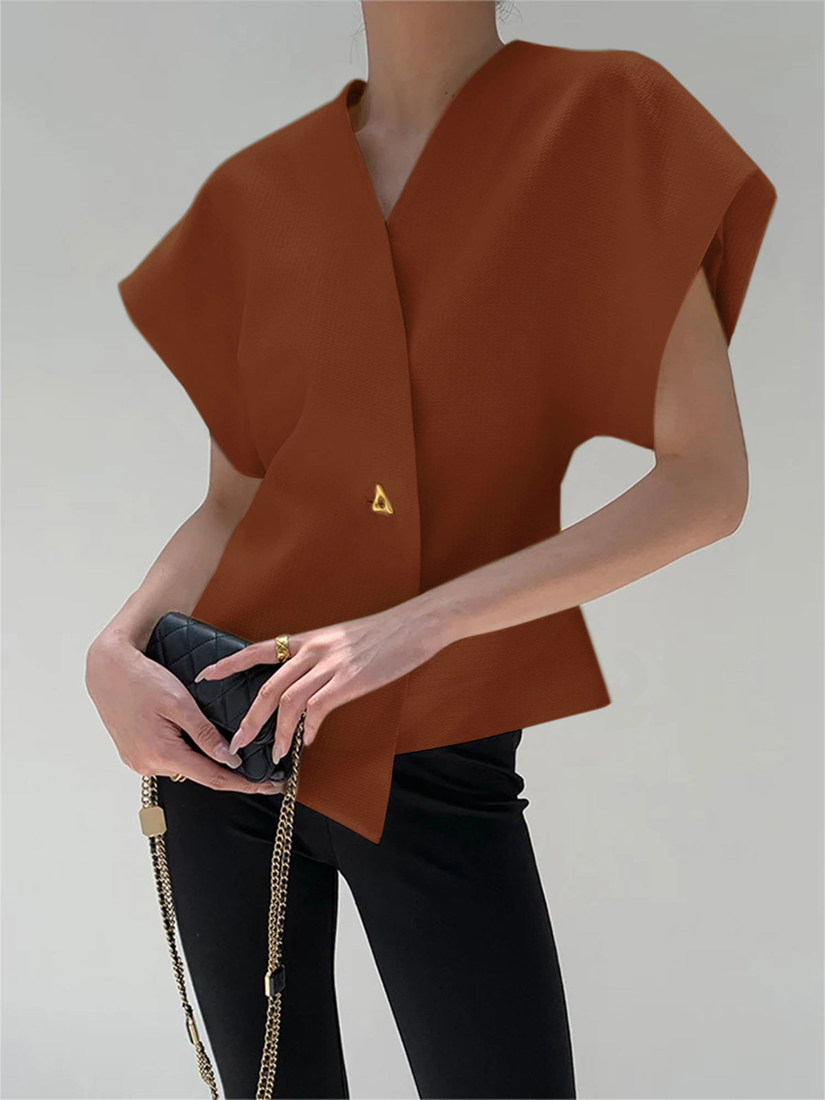 Women’s V-Neck Button Down Blouse Brown