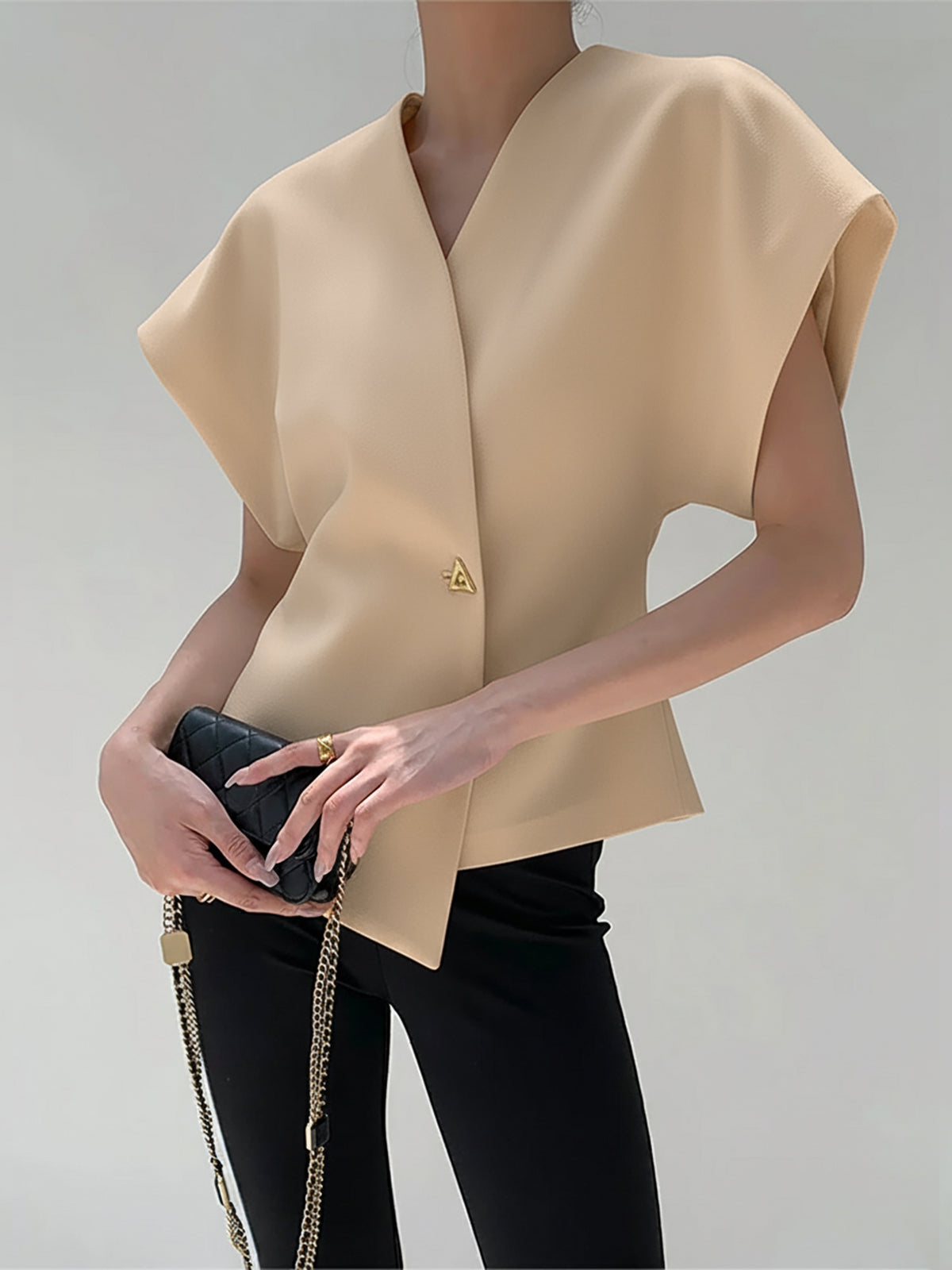 Women’s V-Neck Button Down Blouse Apricot