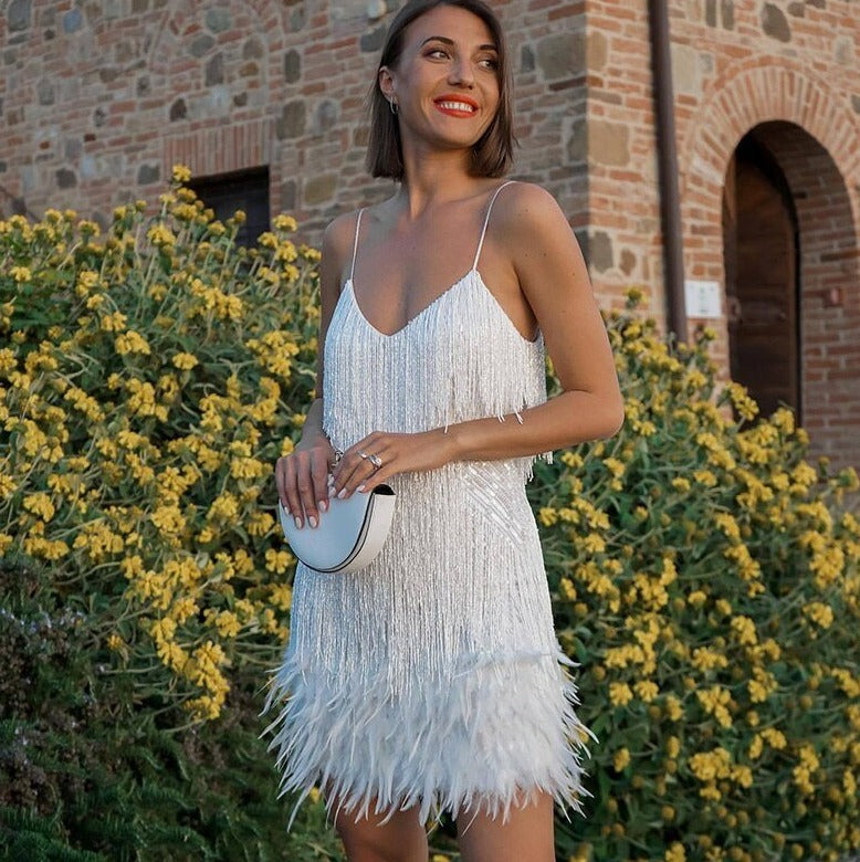 Women’s Feather Trim Fringe Cocktail Dress White