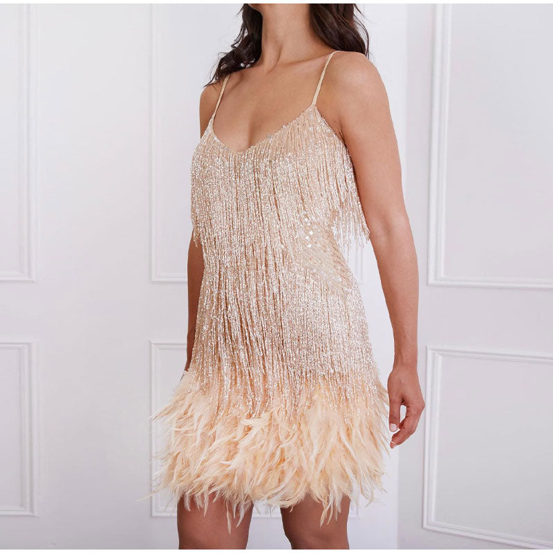 Women’s Feather Trim Fringe Cocktail Dress
