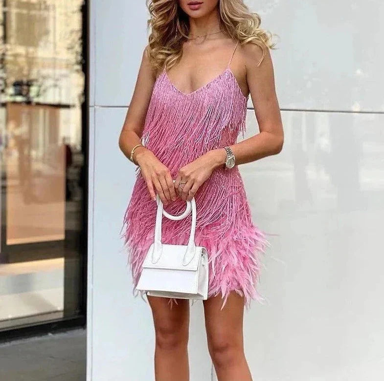 Women’s Feather Trim Fringe Cocktail Dress Pink