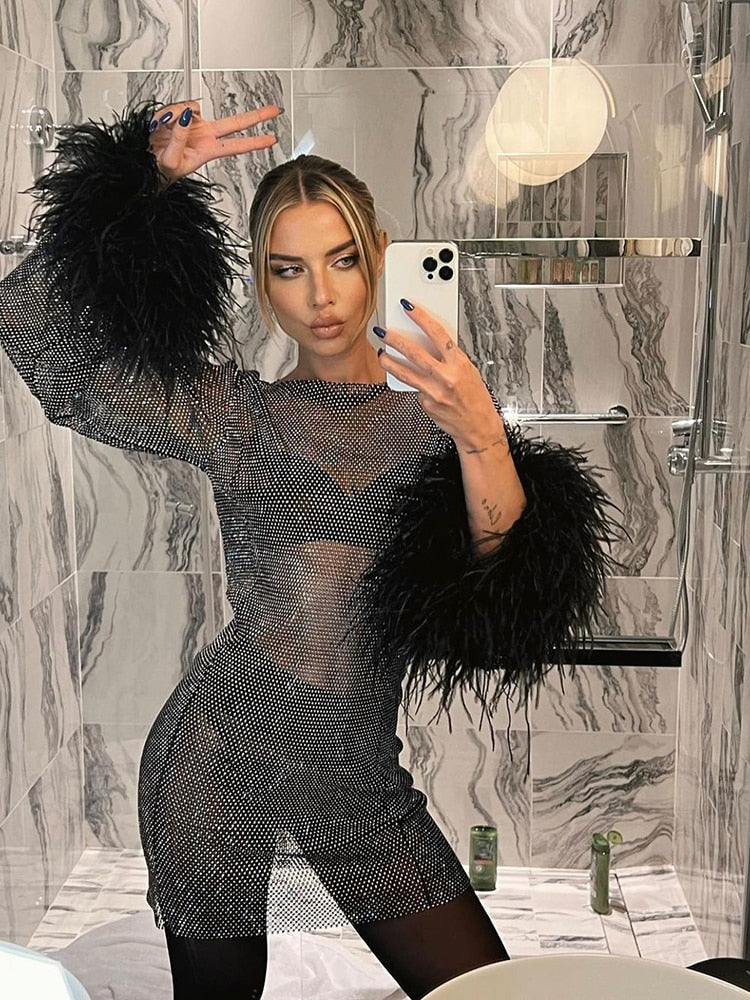 Women’s Feather Cuff Cocktail Mini Dress