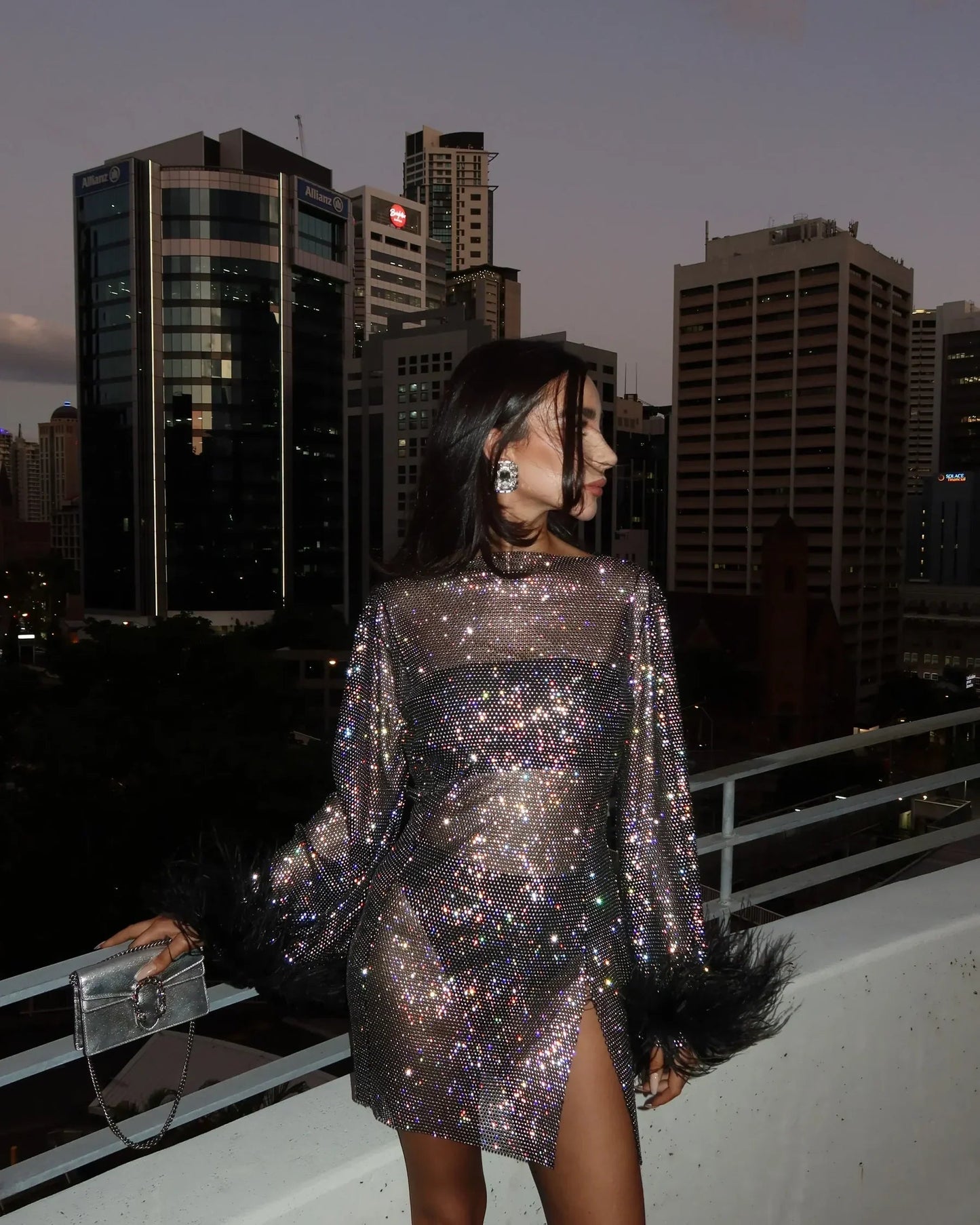 Women’s Feather Cuff Cocktail Mini Dress