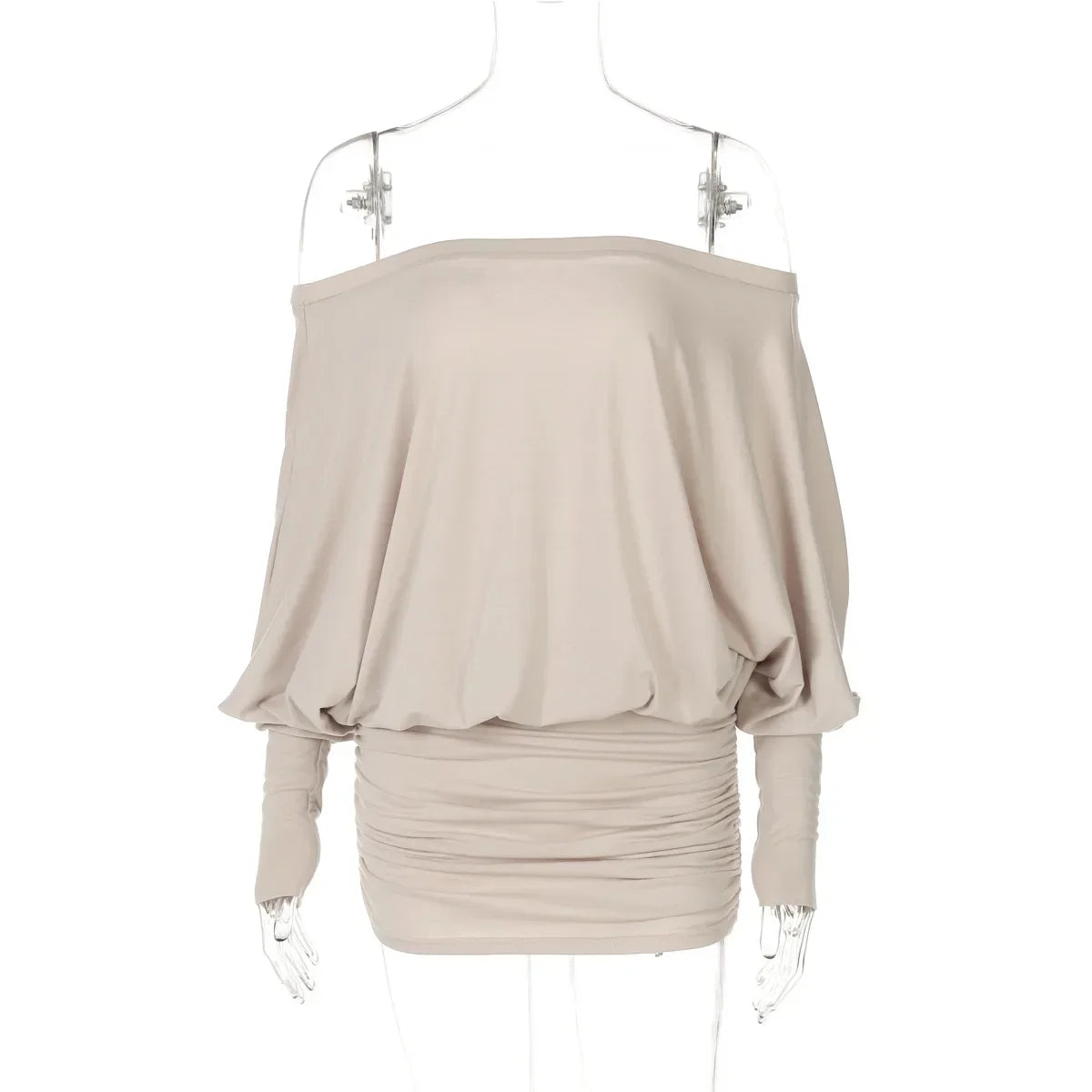 Women’s Mini Dress | Off-Shoulder Ruched Bodycon Beige