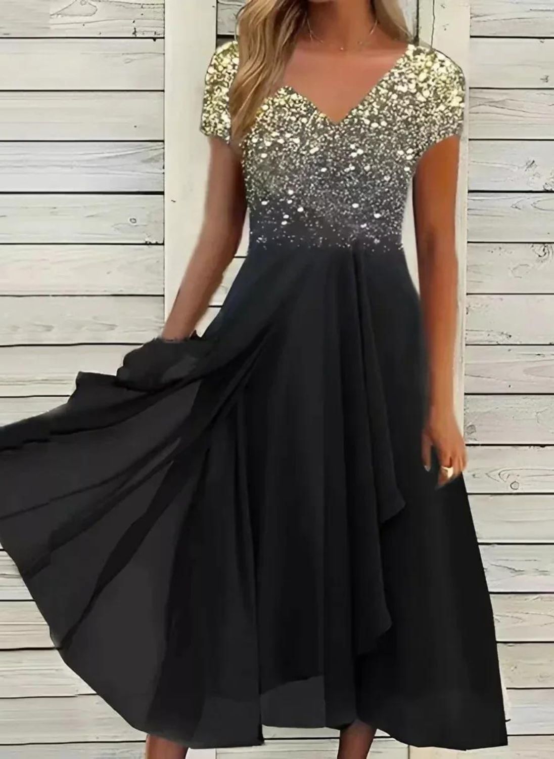 Women’s Chiffon Knee-Length Party Dress Gold black