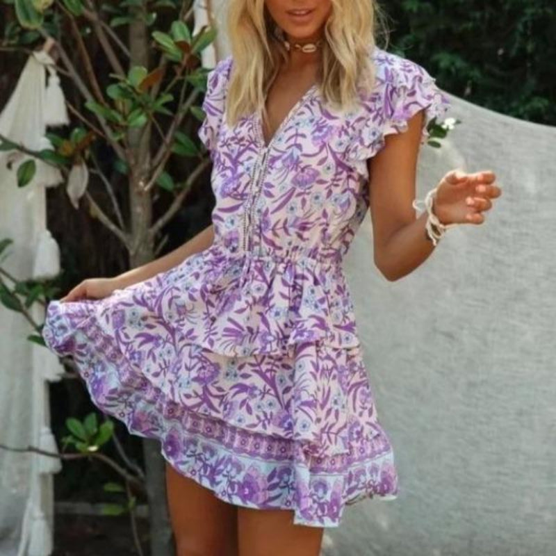 Women’s Floral V-Neck Ruffle Mini Dress Purple