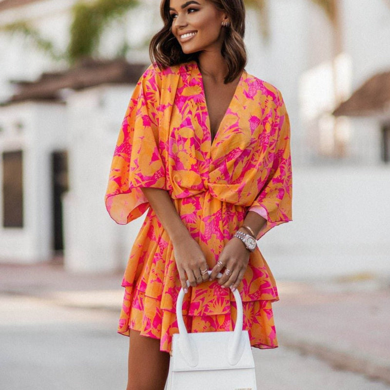 Women’s Floral V-Neck Mini Dress Orange