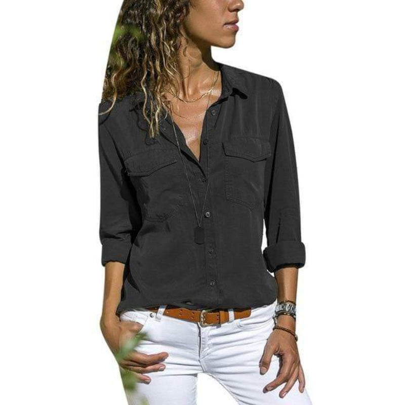 Women’s V-Neck Long Sleeve Top with Pockets Black