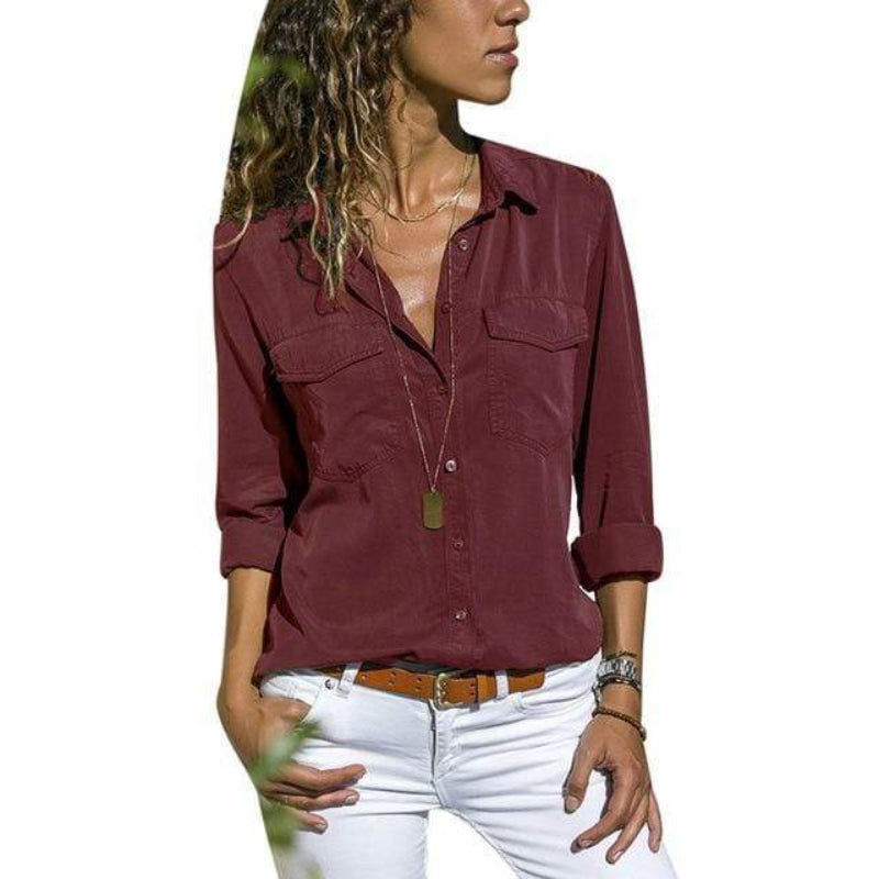 Women’s V-Neck Long Sleeve Top with Pockets Red