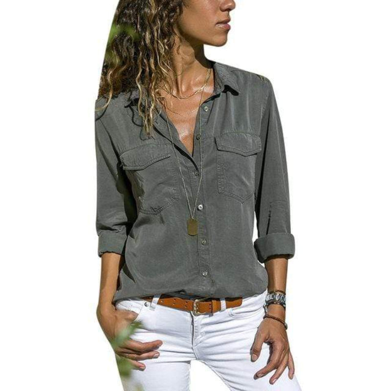 Women’s V-Neck Long Sleeve Top with Pockets Gray