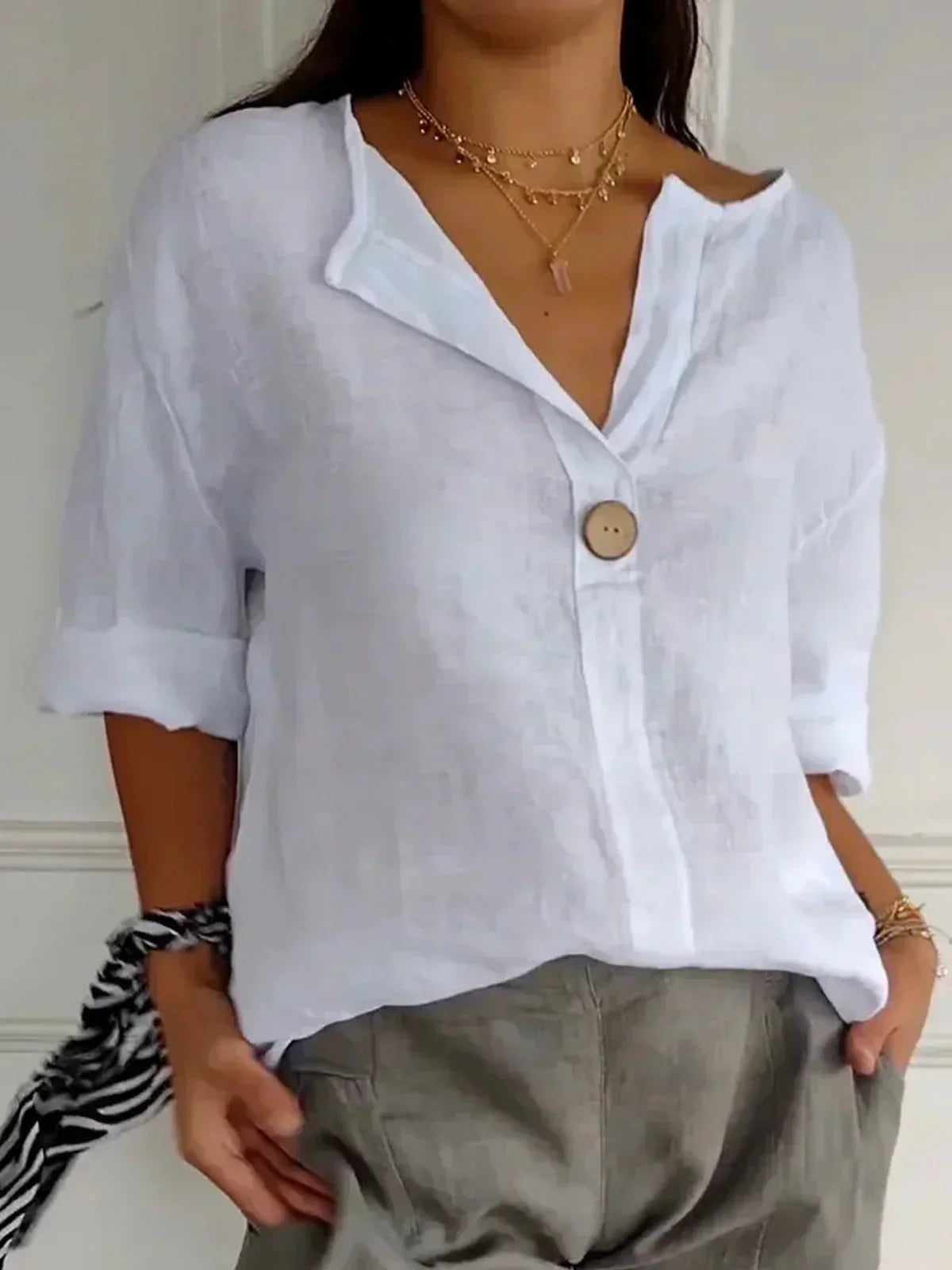 Women’s V-Neck Button Blouse Cotton Linen