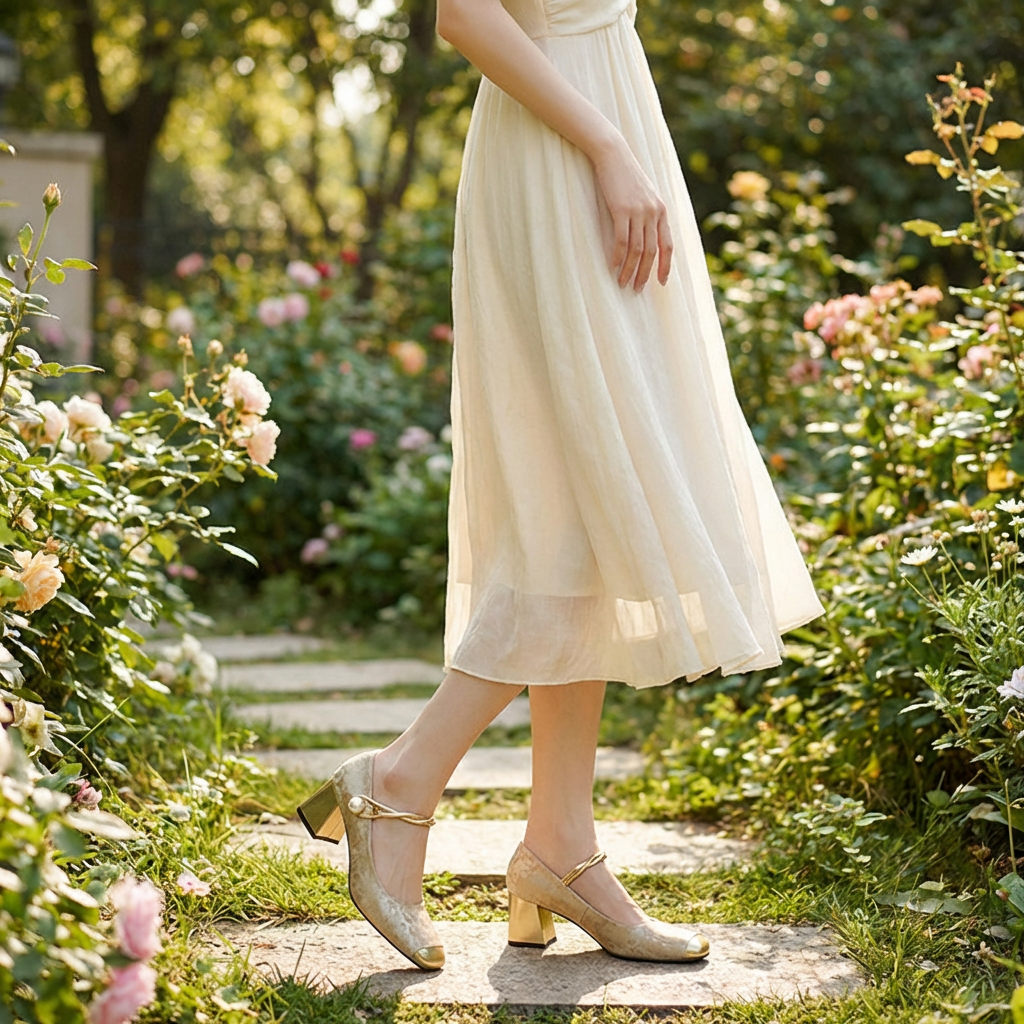 Women’s Square Toe Block Heels Beige