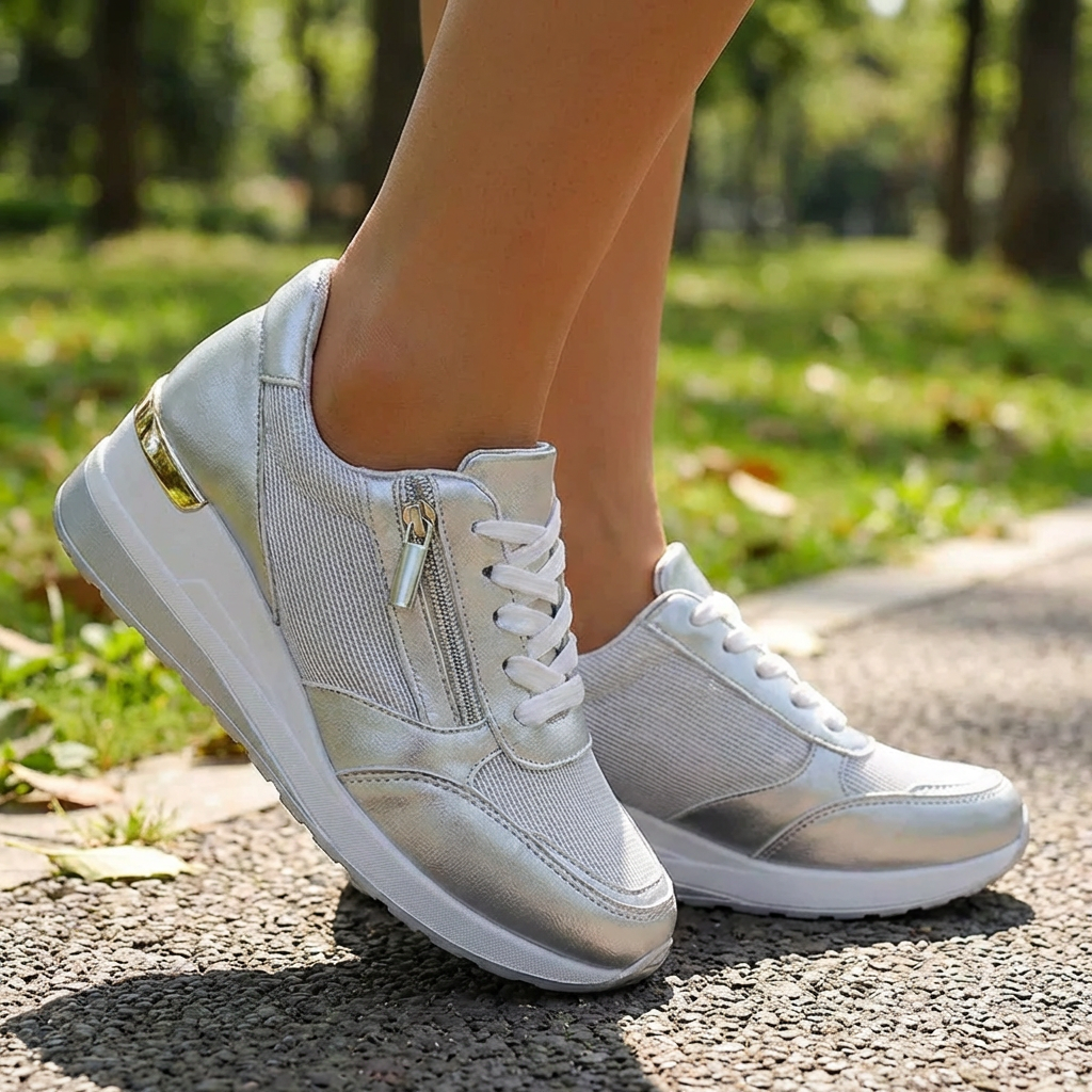 Women’s Wedge Trainers | Zip Lace Silver
