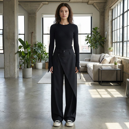 Women’s Wide Leg Trousers | Asymmetric Button Waist