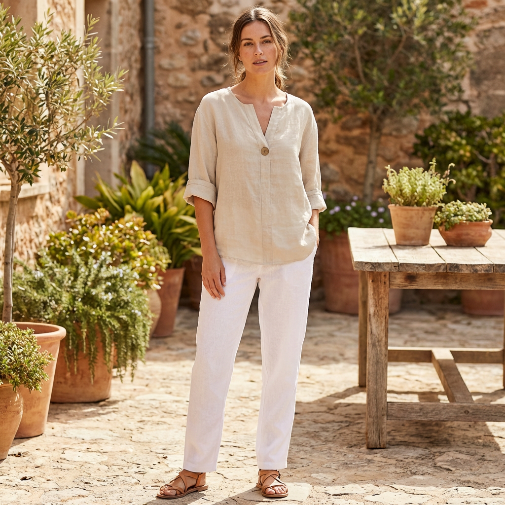 Women’s V-Neck Button Blouse Cotton Linen