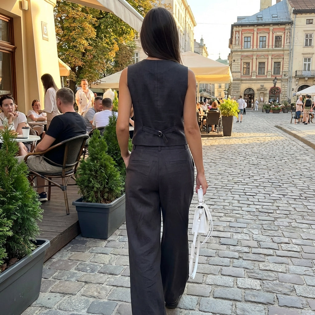 Women’s Linen Blend Trouser Set | Wide-Leg
