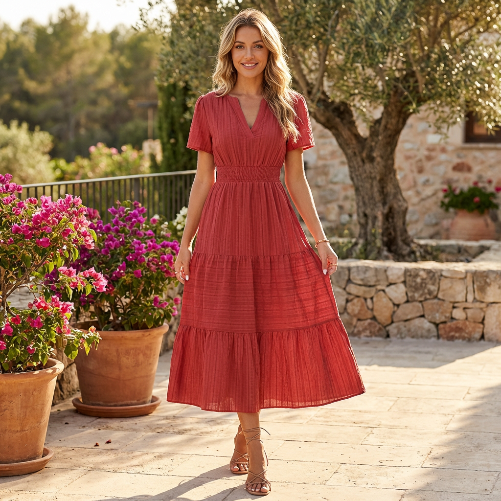 Women’s Puff Sleeve Tiered Midi Dress Red