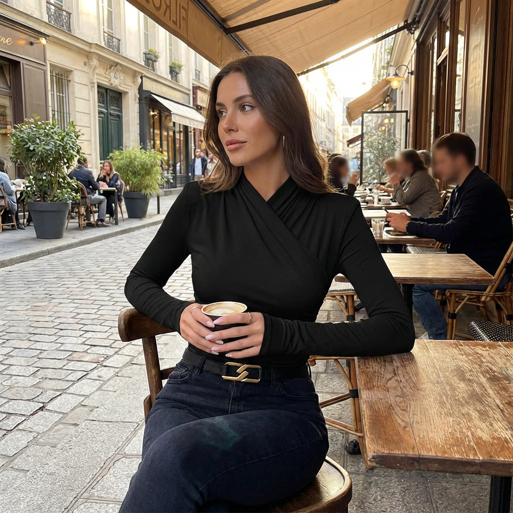 Women’s Crossover Collar Long Sleeve T-Shirt Black