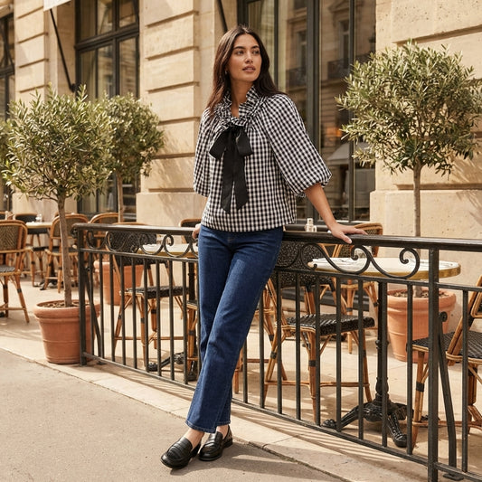 Women's Blouse Ruffle Collar Puff Sleeve Checkered