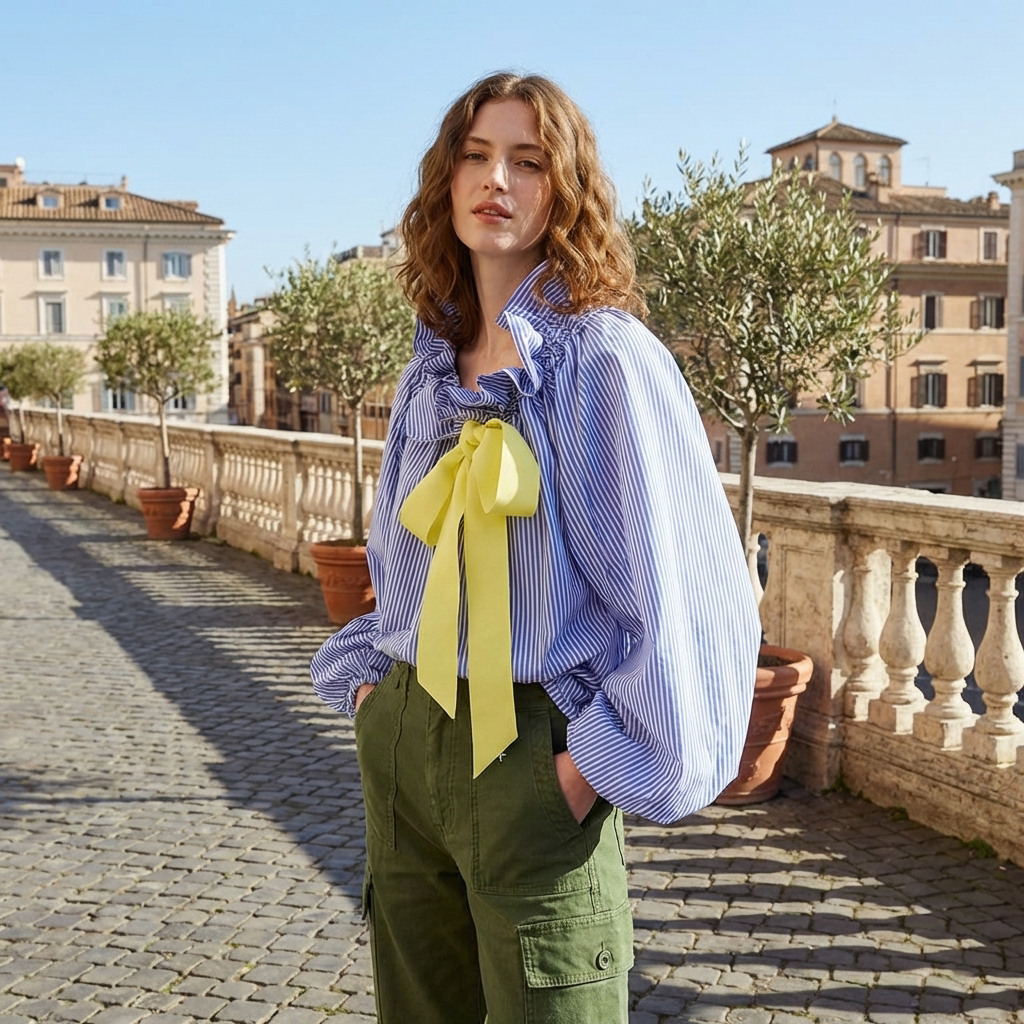 Women's Blouse Ruffle Collar Puff Sleeve Sky
