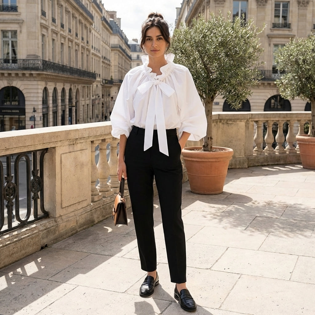 Women's Blouse Ruffle Collar Puff Sleeve White