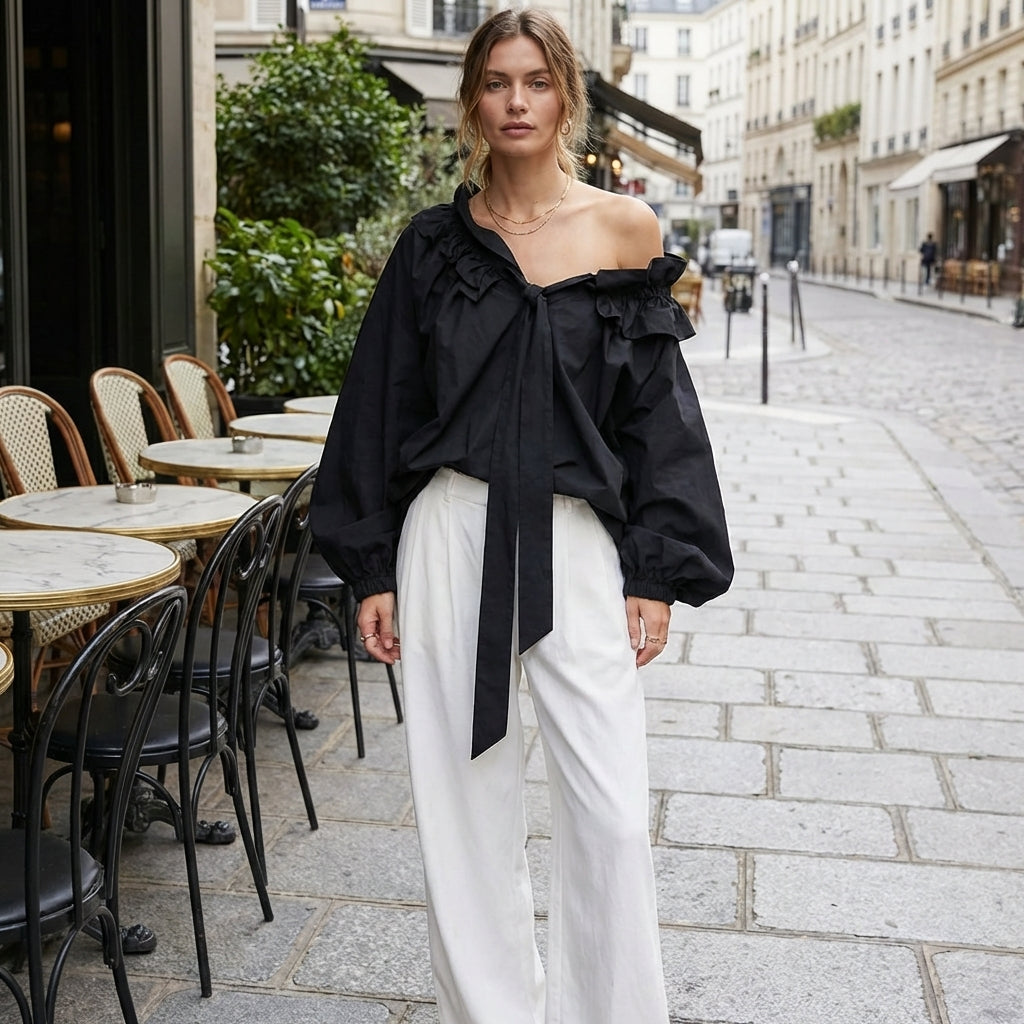 Women's Blouse Ruffle Collar Puff Sleeve Black