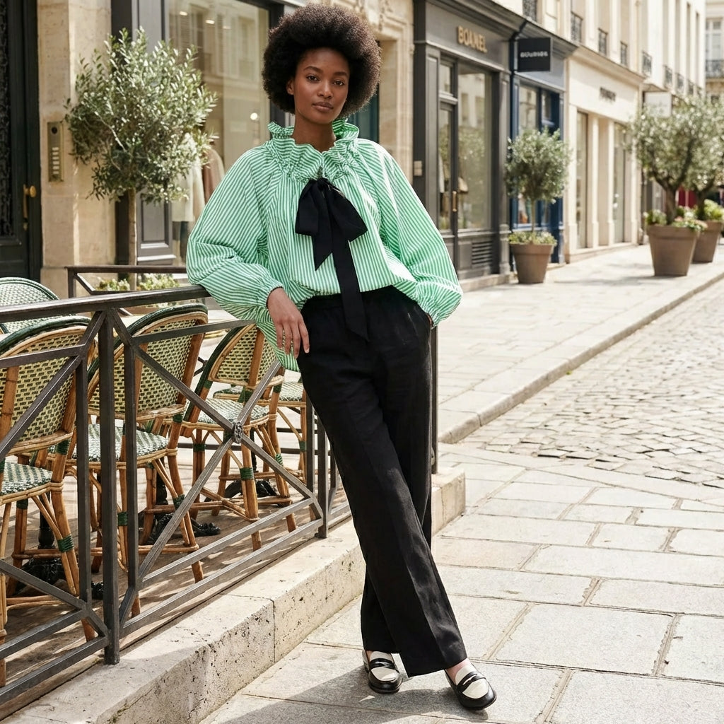 Women's Blouse Ruffle Collar Puff Sleeve Lime