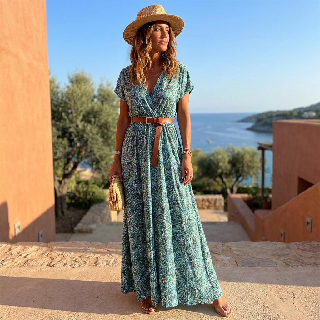 Women's Paisley Maxi Dress Belted Blue