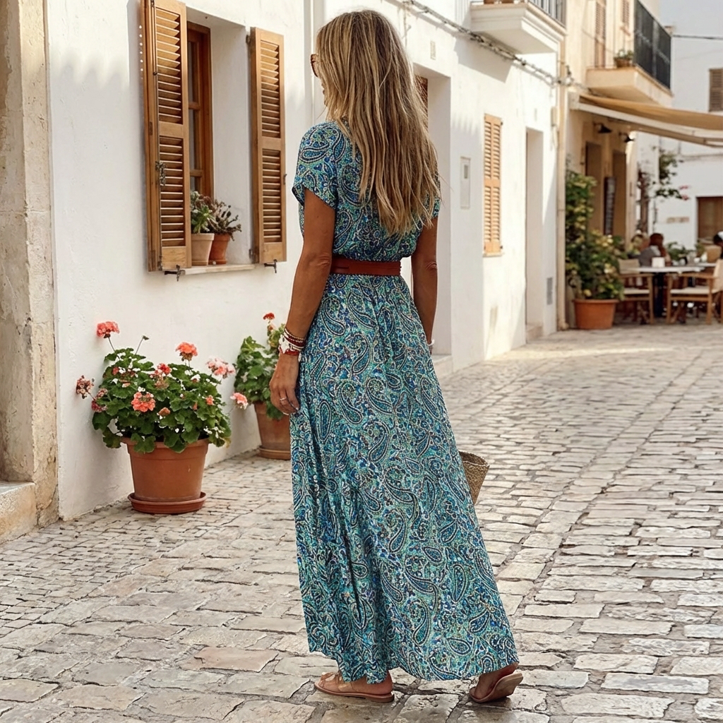 Women's Paisley Maxi Dress Belted