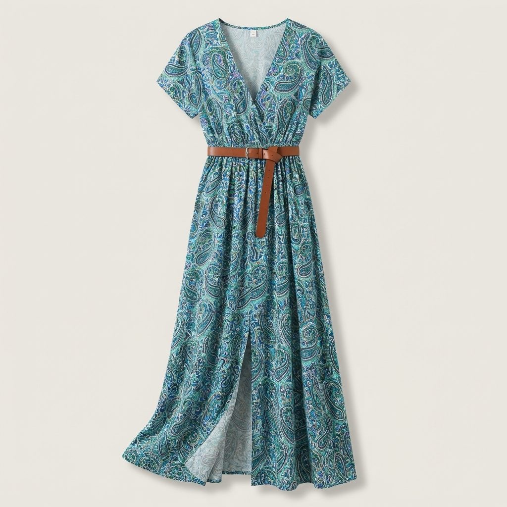 Women's Paisley Maxi Dress Belted
