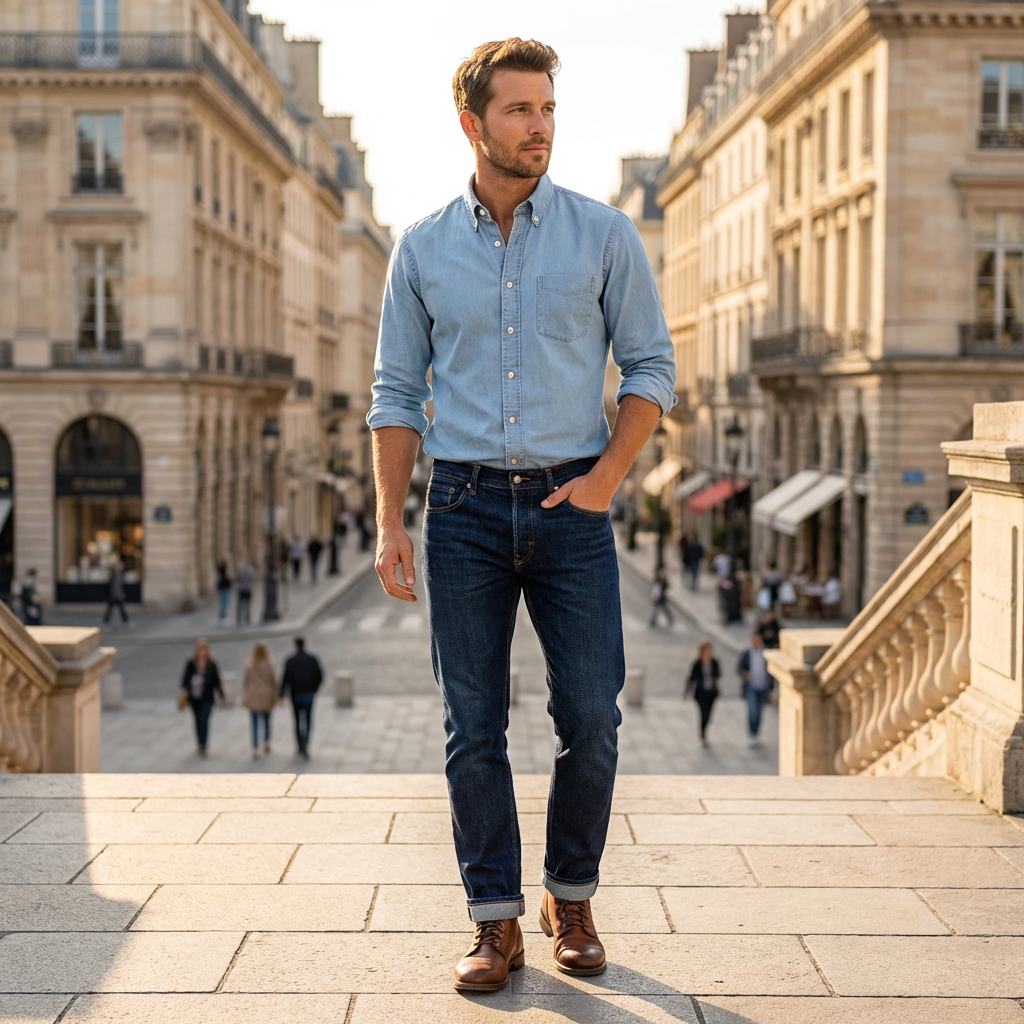 Men Cotton Button Shirt Blue