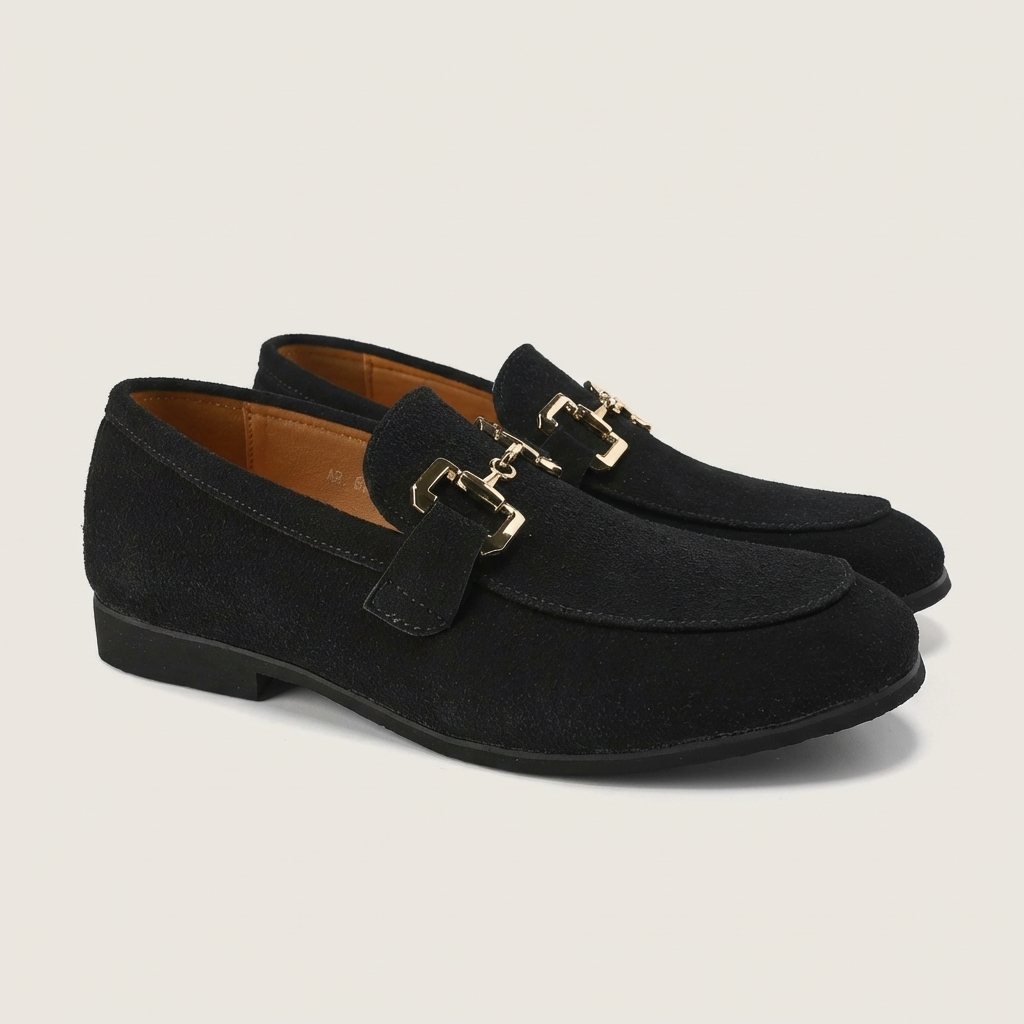 Men's Suede Loafers Metal Detail Black