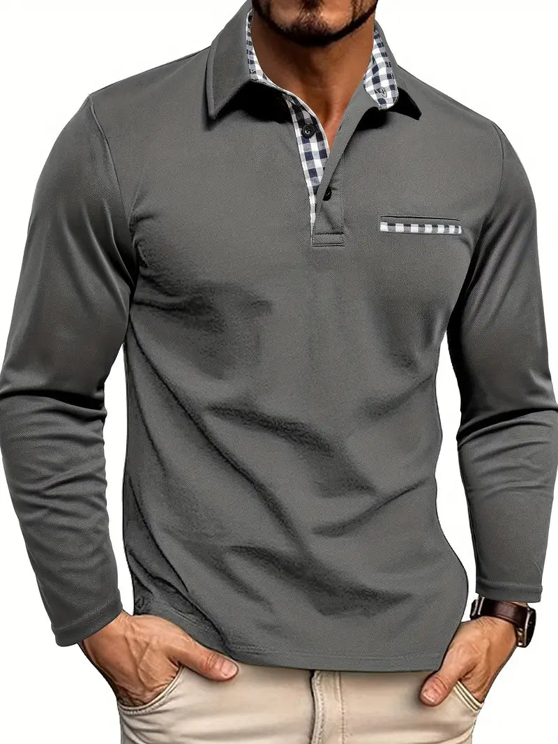 Men’s Long Sleeve Polo Shirt Cotton Blend Grey